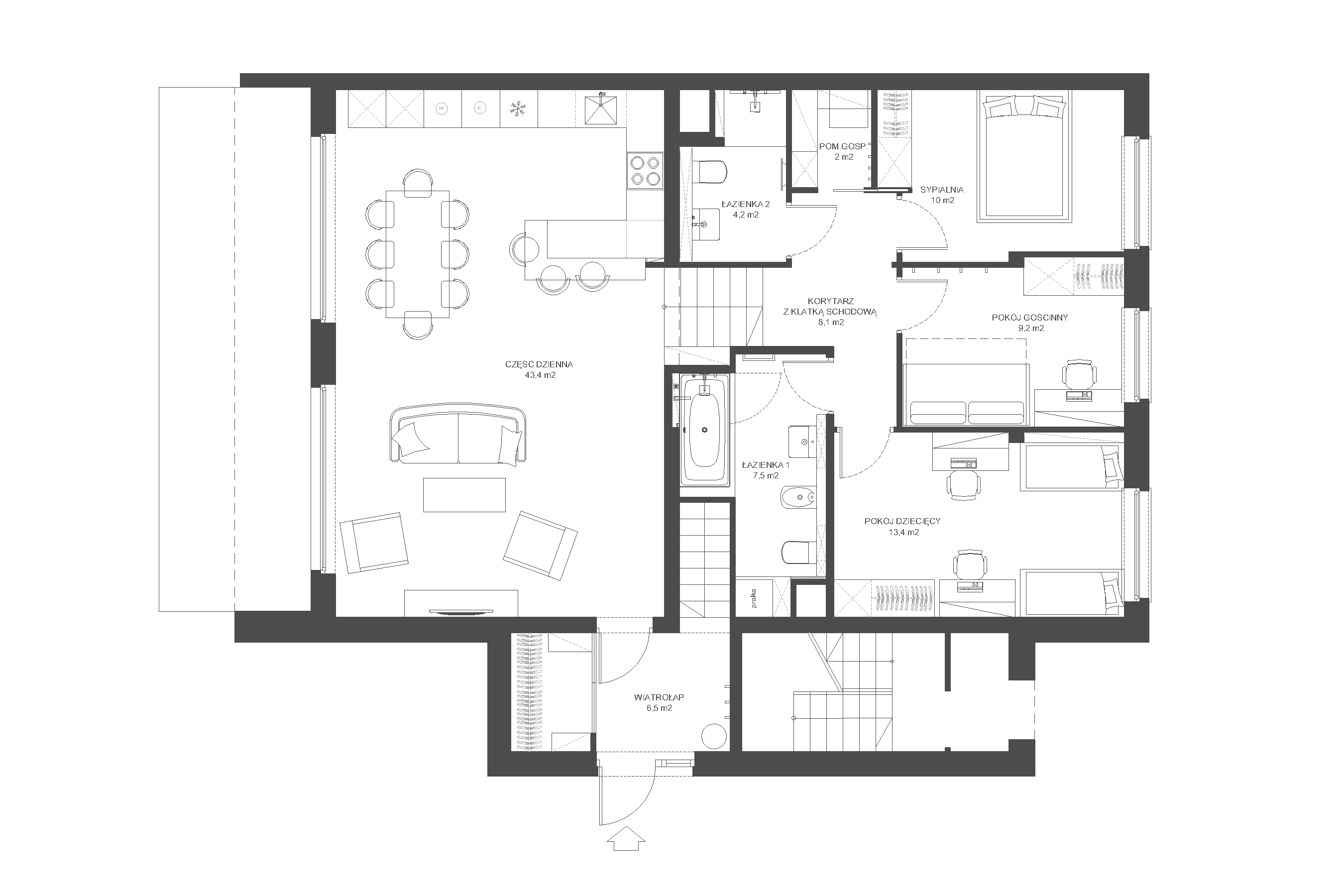 Sprecyzowane wytyczne inwestorów, przyczyniły się do przeprojektowania układu funkcjonalnego całego domu. Np. dzięki pomniejszeniu klatki schodowej, uzyskałyśmy znacznie większy metraż łazienki.
